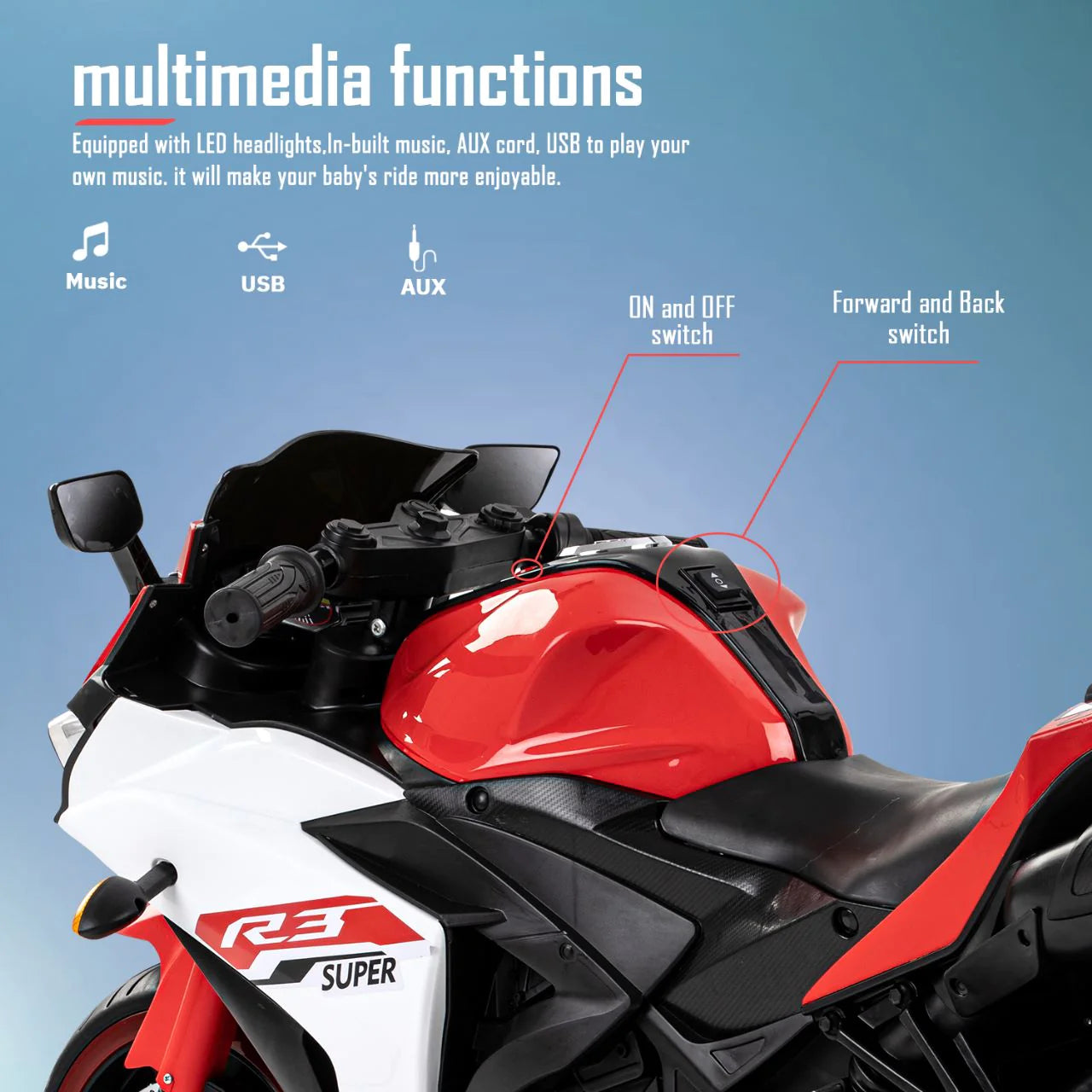 Kids R3 Electric Ride On Bike For 1 - 8 Year Children With Hand Accelerator & Foot Brake + Music Player + 1 Year Warranty Kids R3 Electric Ride On Bike For 1 - 8 Year Children With Hand Accelerator & Foot Brake + Music Player + 1 Year Warranty